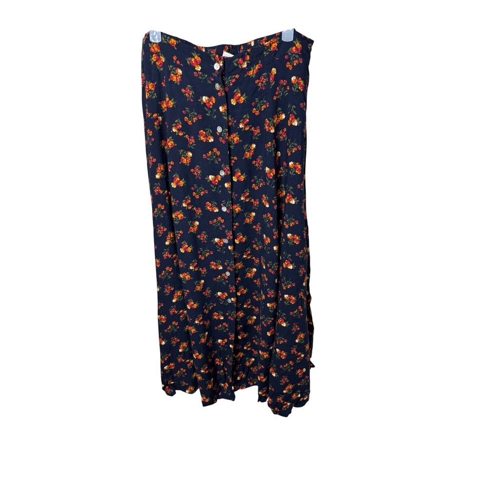 Kathie Lee Vintage Navy Floral Button Front Rayon Maxi Skirt Size 14